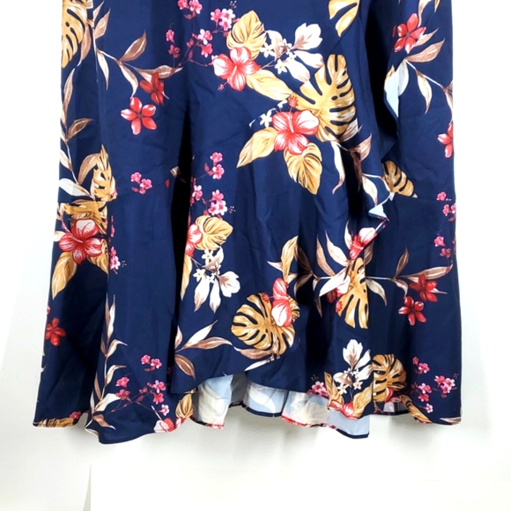 JJs House Navy Floral Midi Dress 12 NWT Ruffle Wrap Tropical Wedding Guest - Picture 4 of 12